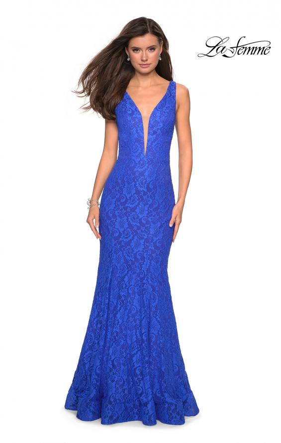 Picture of: Stretch Lace Prom Dress with Plunging Neckline in Electric Blue, Style: 27464, Detail Picture 6