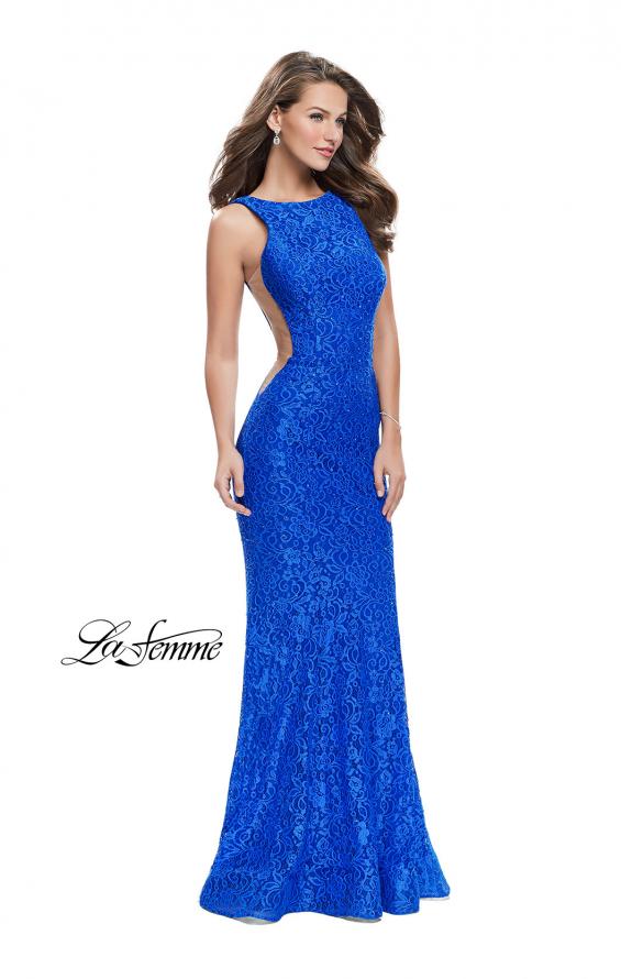 Picture of: Lace Mermaid Dress with Sheer Sides and Low Back in Electric Blue, Style: 24903, Main Picture