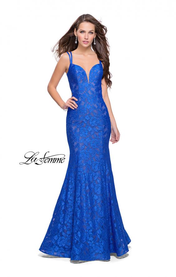 Picture of: Long Lace Mermaid Prom Dress with Double Straps in Electric Blue, Style: 26043, Main Picture