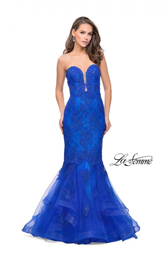 Picture of: Long Strapless Lace Prom Dress with Tulle Skirt in Electric Blue, Style: 26219, Main Picture