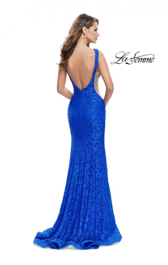 Picture of: Lace Mermaid Dress with Sheer Sides and Low Back in Electric Blue, Style: 24903, Back Picture