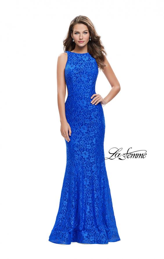 Picture of: Lace Mermaid Dress with Sheer Sides and Low Back in Electric Blue, Style: 24903, Detail Picture 1