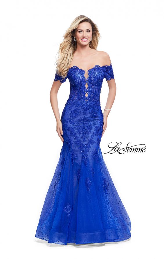 Picture of: Polka Dot Off the Shoulder Two Piece Tulle Prom Dress in Electric Blue, Style: 26192, Detail Picture 1