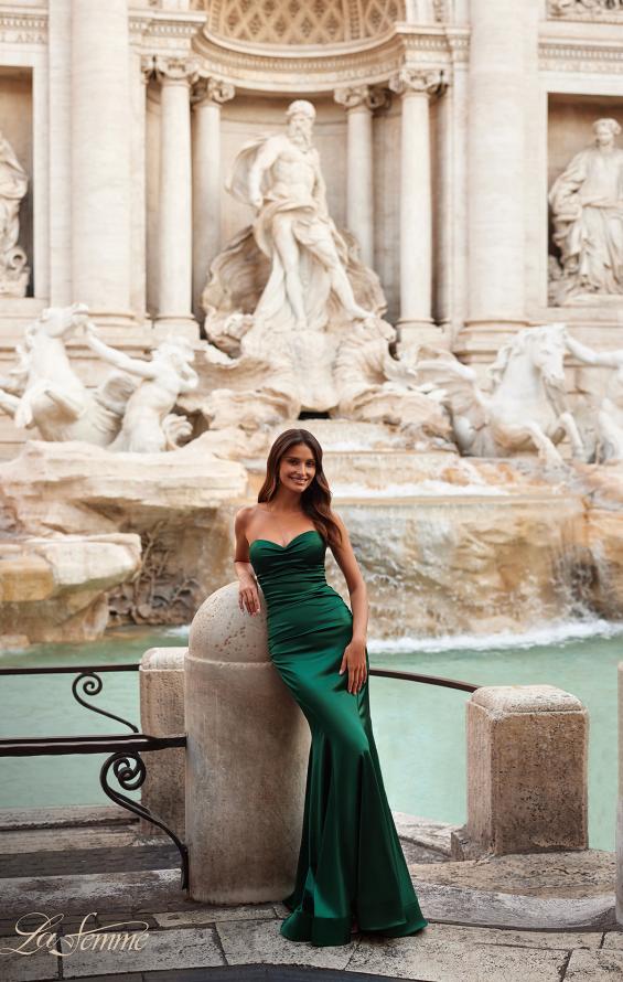 Picture of: Stretch Satin Gown with Draped Sweetheart Neckline in Emerald, Style: 31915, Detail Picture 2