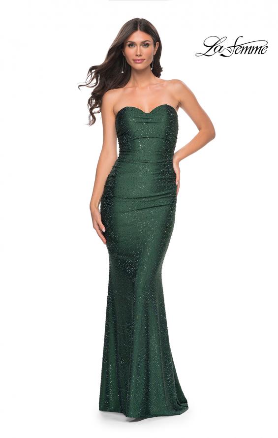 Picture of: Rhinestone Embellished Jersey Dress with Strapless Sweetheart Top in Emerald, Style: 31945, Detail Picture 6
