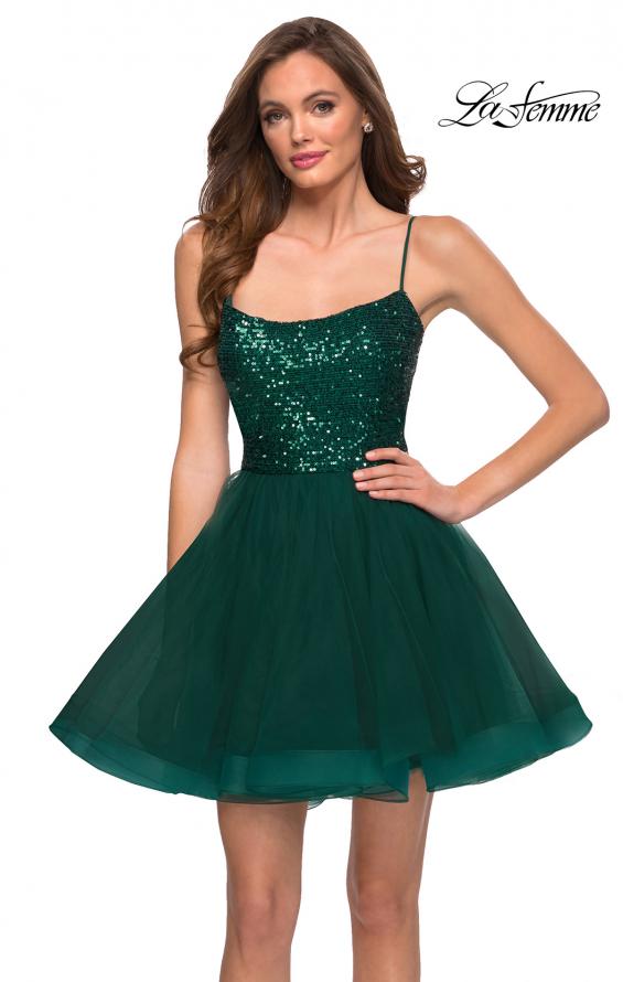 Picture of: Tulle and Sequin Short Party Dress with Corset Back in Emerald, Style: 29237, Main Picture