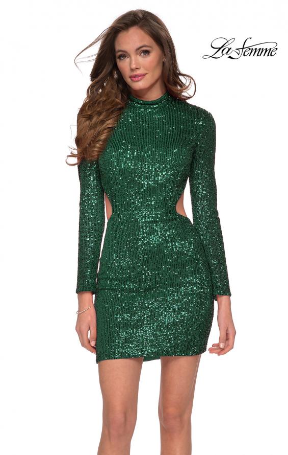 Picture of: Long Sleeve Sequin Party Dress with High Neckline in Emerald, Style: 29406, Detail Picture 2