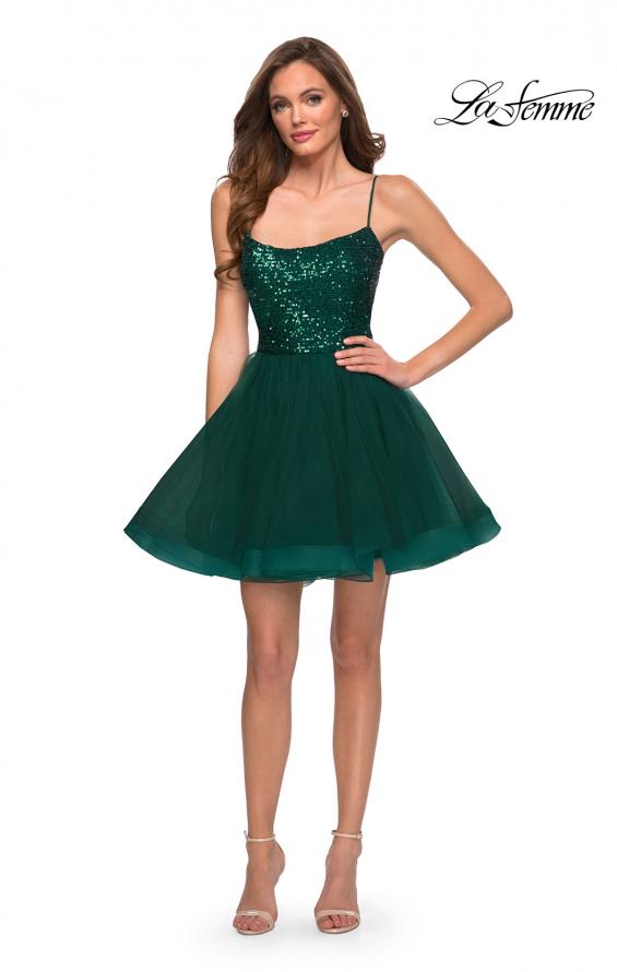 Picture of: Tulle and Sequin Short Party Dress with Corset Back in Emerald, Style: 29237, Detail Picture 3