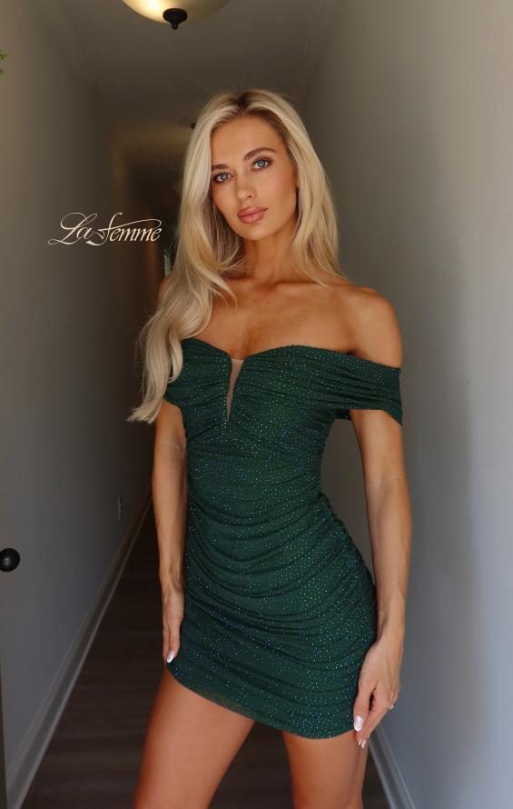 Green Picture of: Strapless Ruched Mini Dress in Emerald, Style: 33250, Detail Picture 3