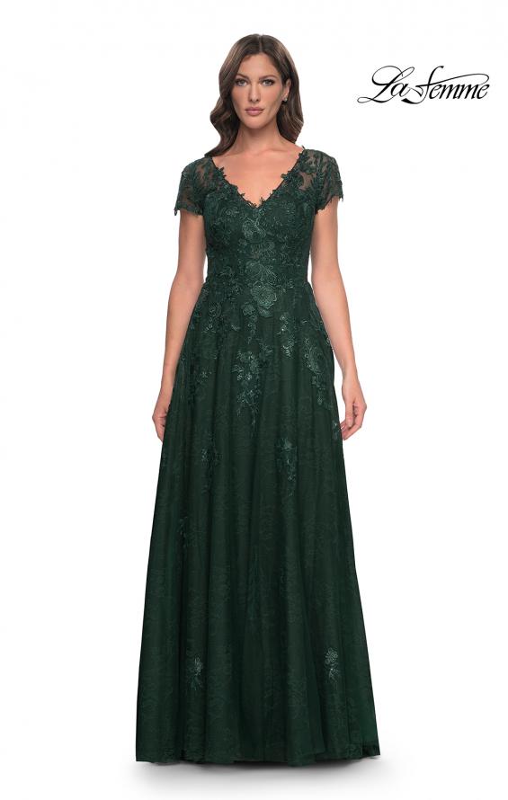 Picture of: A-Line Dress with Lace Applique and Sheer Short Sleeves in Emerald, Style: 30168, Main Picture