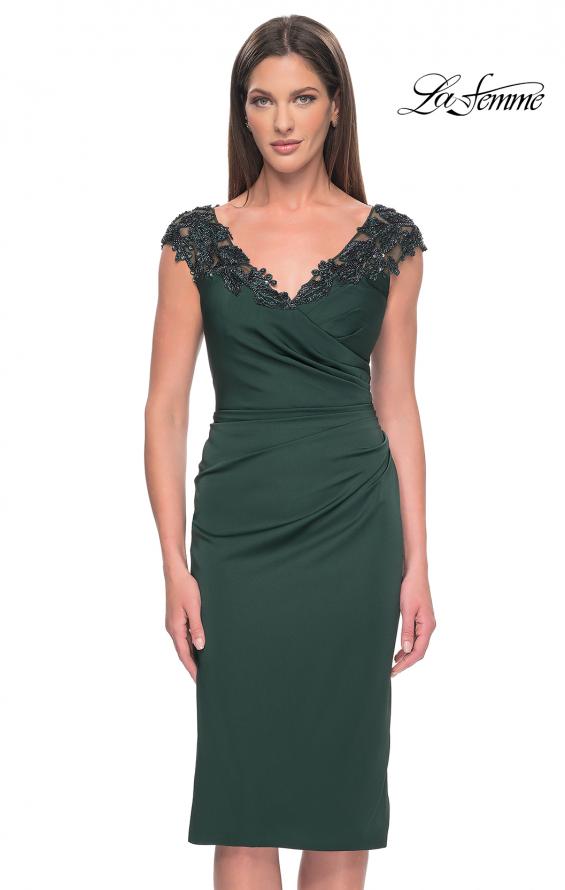 Picture of: Short Satin Evening Dress with Beaded Details in Emerald, Style: 31839, Main Picture