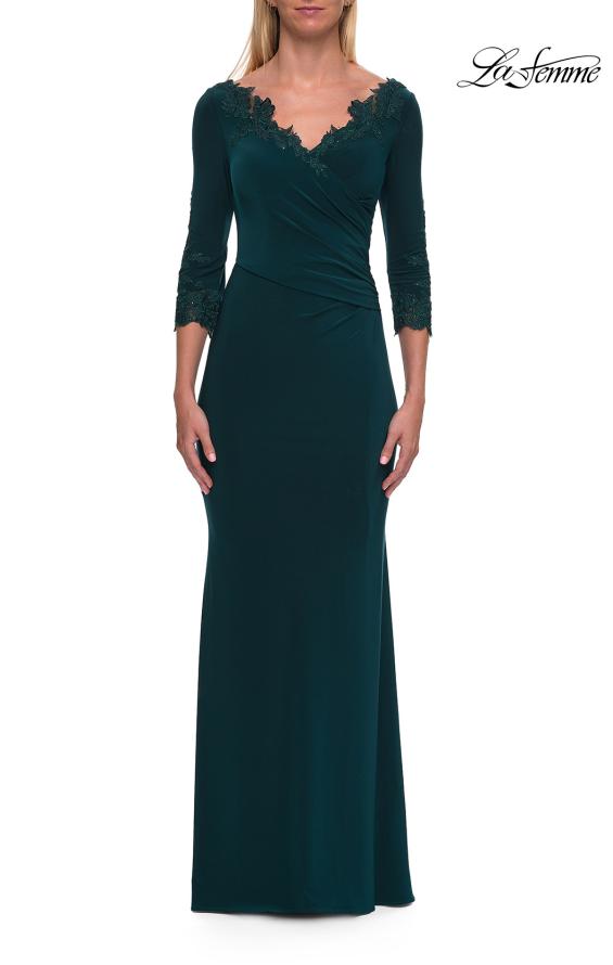 Picture of: V-Neck Lace Trim Gown with Three-Quarter Sleeves in Emerald, Style: 33658, Main Picture