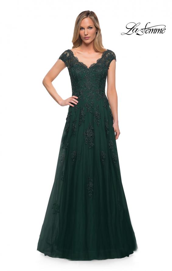 Picture of: Short Sleeve Lace Gown with Cascading Embellishments in Emerald, Style: 26942, Detail Picture 8