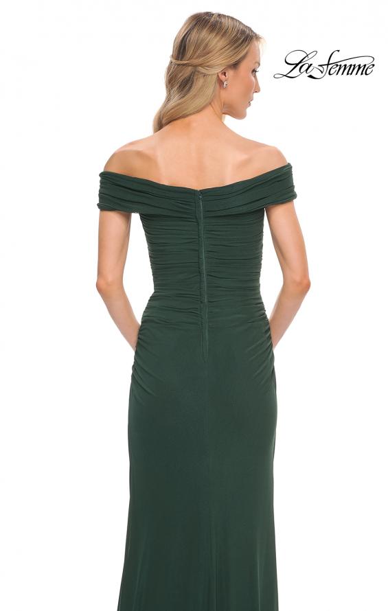 Picture of: Ruched Off the Shoulder Net Jersey Evening Dress in Emerald, Detail Picture 8