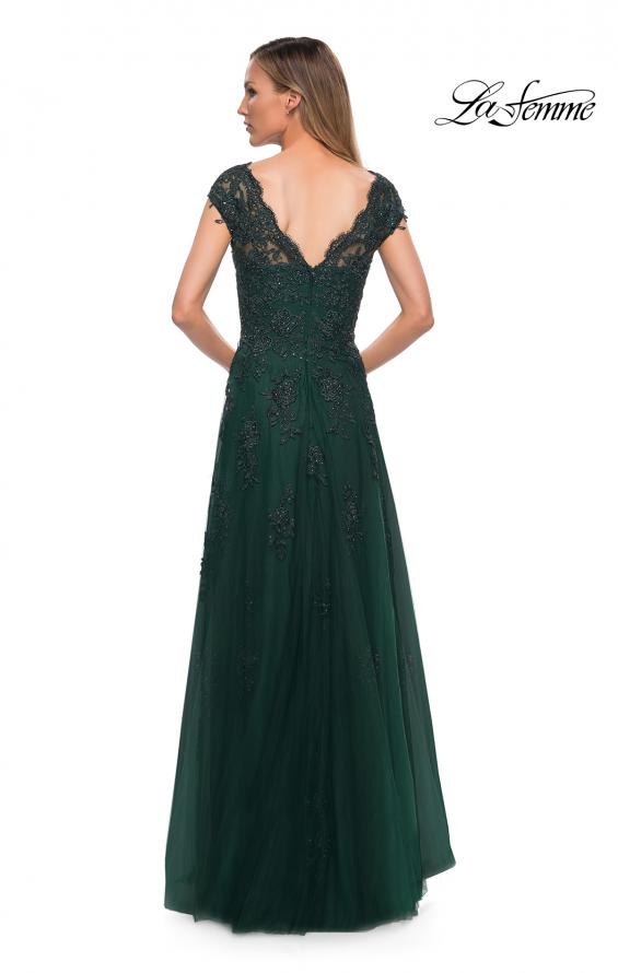 Picture of: Short Sleeve Lace Gown with Cascading Embellishments in Emerald, Style: 26942, Detail Picture 9