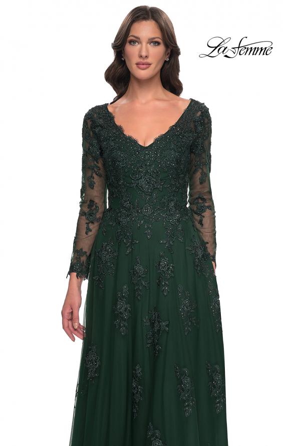 Picture of: Long Sleeve Lace and Tulle Dress with V Neckline in Emerald, Style: 30795, Detail Picture 9