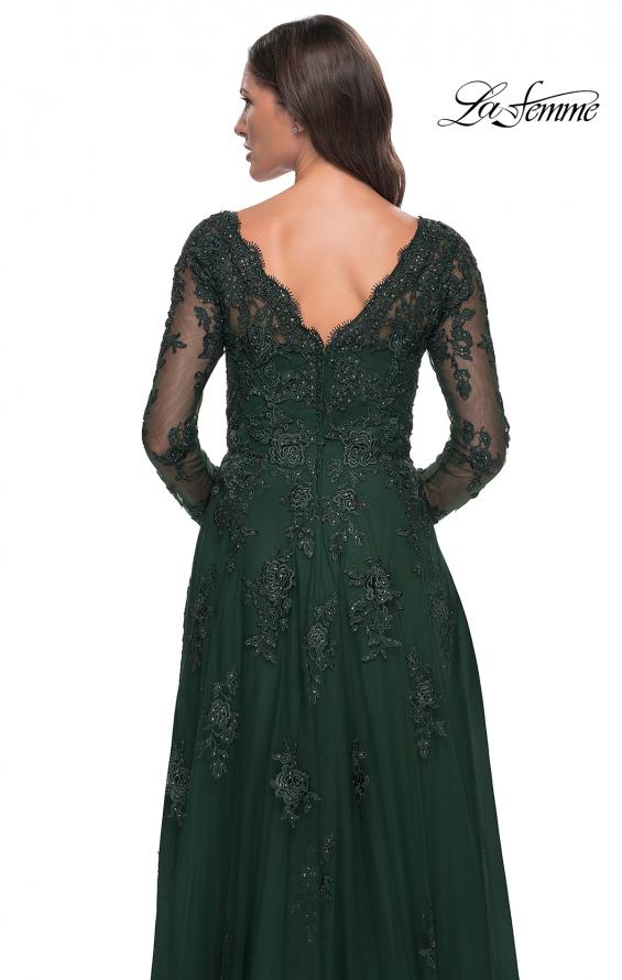 Picture of: Long Sleeve Lace and Tulle Dress with V Neckline in Emerald, Style: 30795, Detail Picture 10