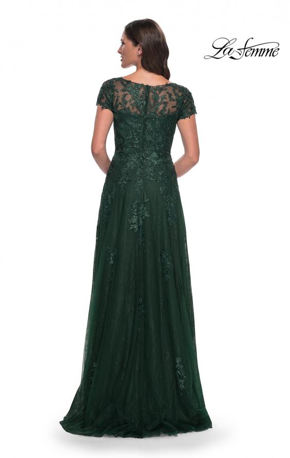 Picture of: A-Line Dress with Lace Applique and Sheer Short Sleeves in Emerald, Style: 30168, Back Picture
