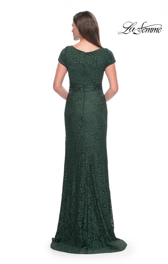 Picture of: Stretch Lace Evening Dress with Short Sleeves in Emerald, Style: 30797, Back Picture