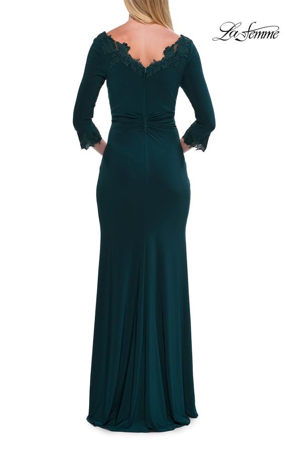 Picture of: V-Neck Lace Trim Gown with Three-Quarter Sleeves in Emerald, Style: 33658, Back Picture