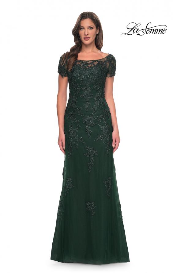 Picture of: Lace and Net Fitted Long Mother of the Bride Dress in Emerald, Style: 29792, Detail Picture 1