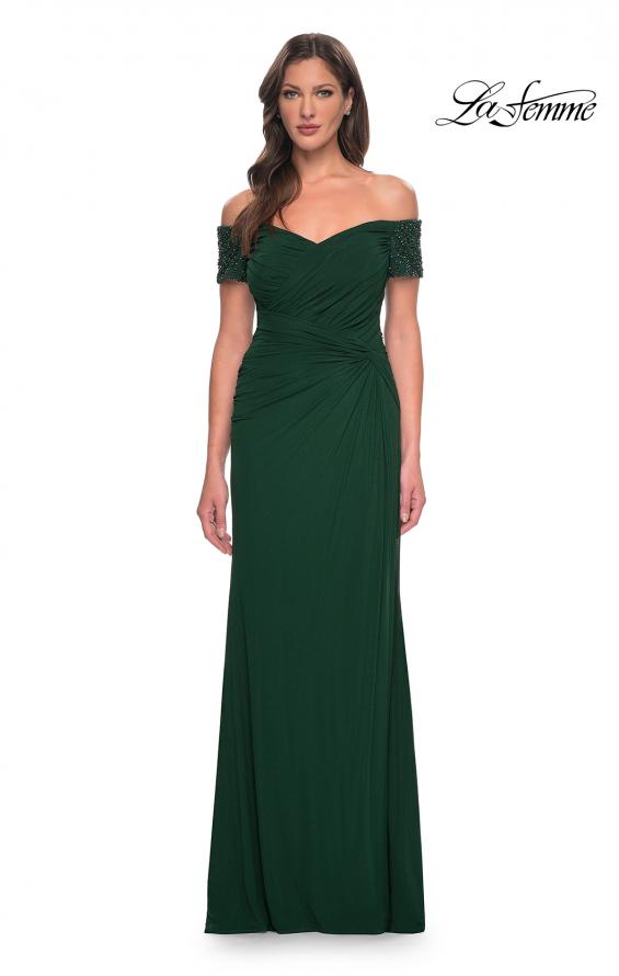 Picture of: Net Jersey Long Gown with Exquisite Beaded Design in Emerald, Style: 30057, Detail Picture 1