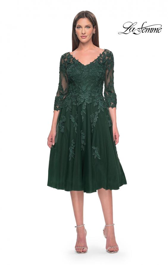 Picture of: Tulle and Lace Knee Length Evening Dress in Emerald, Style: 30964, Detail Picture 1