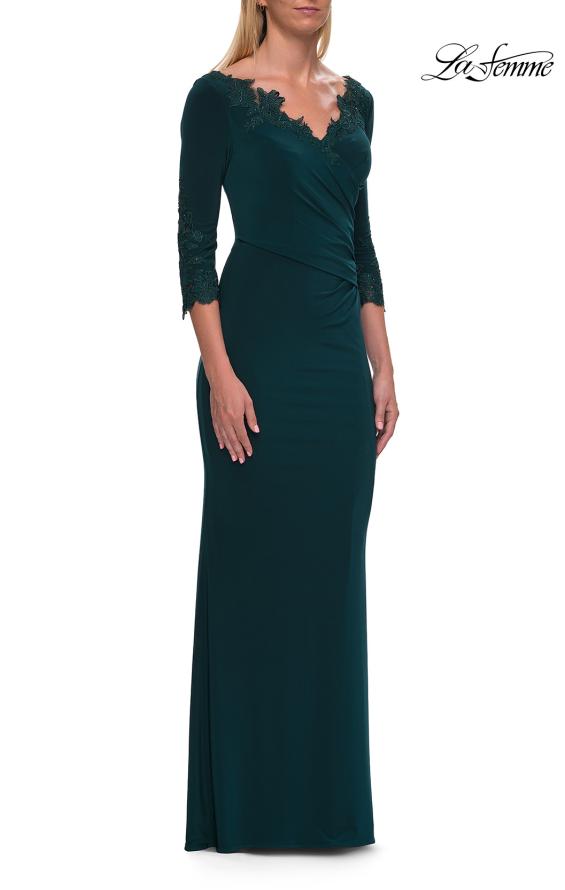 Picture of: V-Neck Lace Trim Gown with Three-Quarter Sleeves in Emerald, Style: 33658, Detail Picture 1
