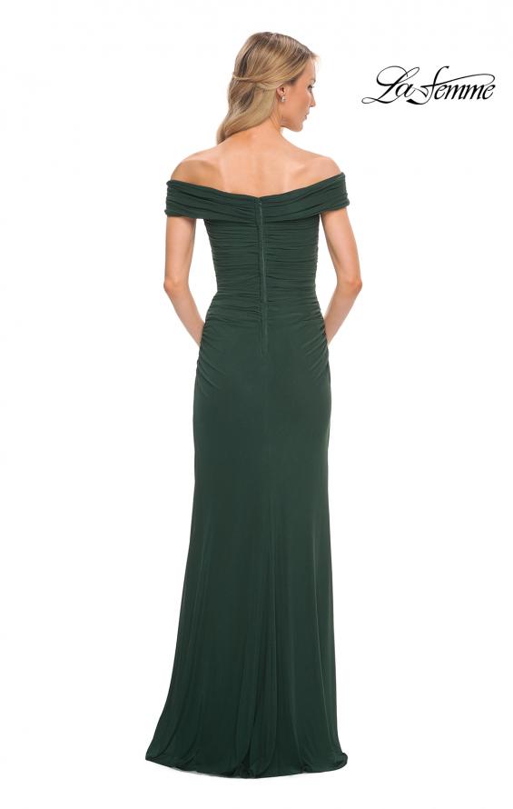 Picture of: Ruched Off the Shoulder Net Jersey Evening Dress in Emerald, Detail Picture 2