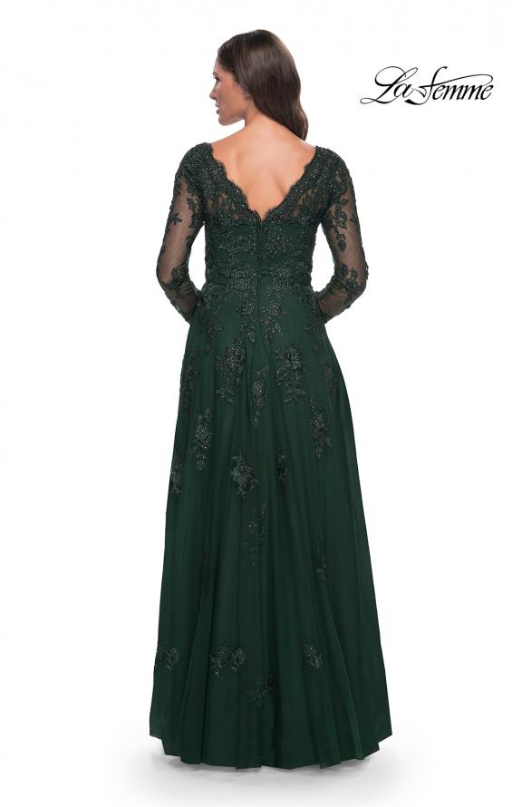 Picture of: Long Sleeve Lace and Tulle Dress with V Neckline in Emerald, Style: 30795, Detail Picture 2