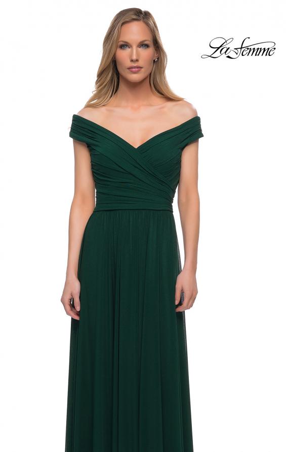 Picture of: Off the Shoulder Net Jersey Long Dress with Ruching in Emerald, Detail Picture 3