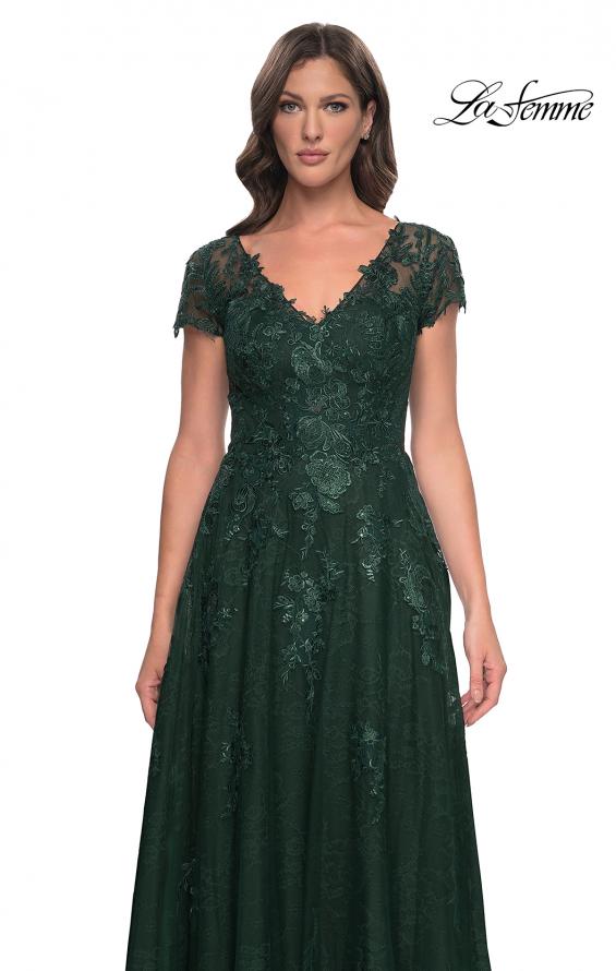 Picture of: A-Line Dress with Lace Applique and Sheer Short Sleeves in Emerald, Style: 30168, Detail Picture 3