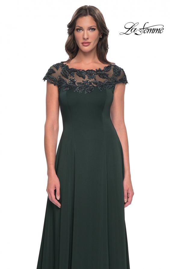 Picture of: A-Line Satin Dress with Stunning Beaded Neckline and Short Sleeves in Emerald, Style: 31195, Detail Picture 3