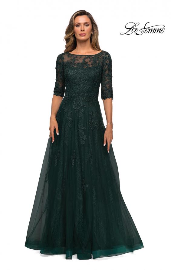Picture of: Lace and Tulle A-line Gown with Three Quarter Sleeves in Emerald, Style: 28036, Detail Picture 4