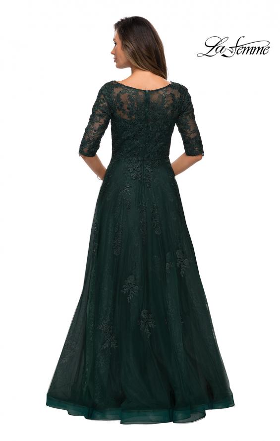 Picture of: Lace and Tulle A-line Gown with Three Quarter Sleeves in Emerald, Style: 28036, Detail Picture 5
