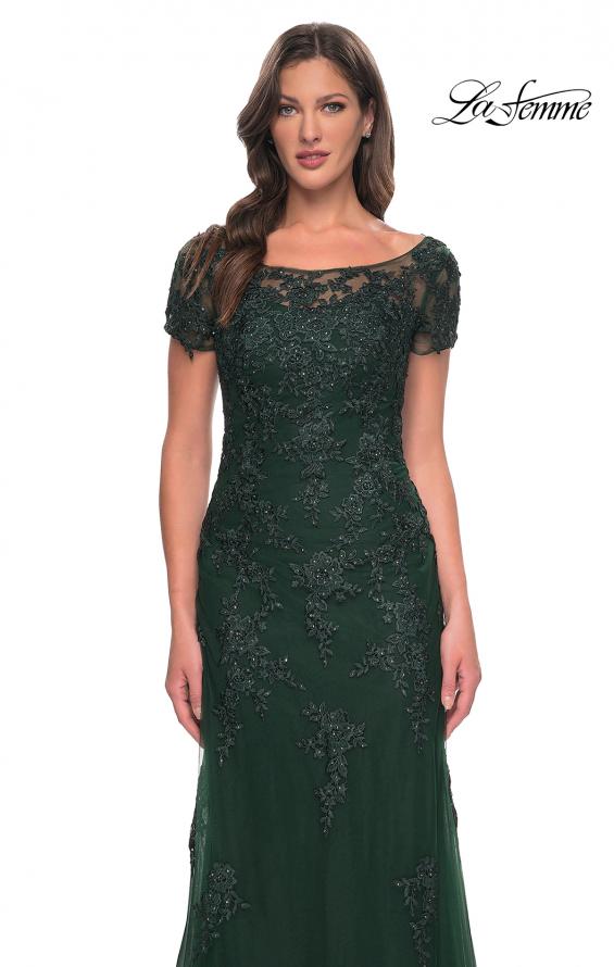 Picture of: Lace and Net Fitted Long Mother of the Bride Dress in Emerald, Style: 29792, Detail Picture 5