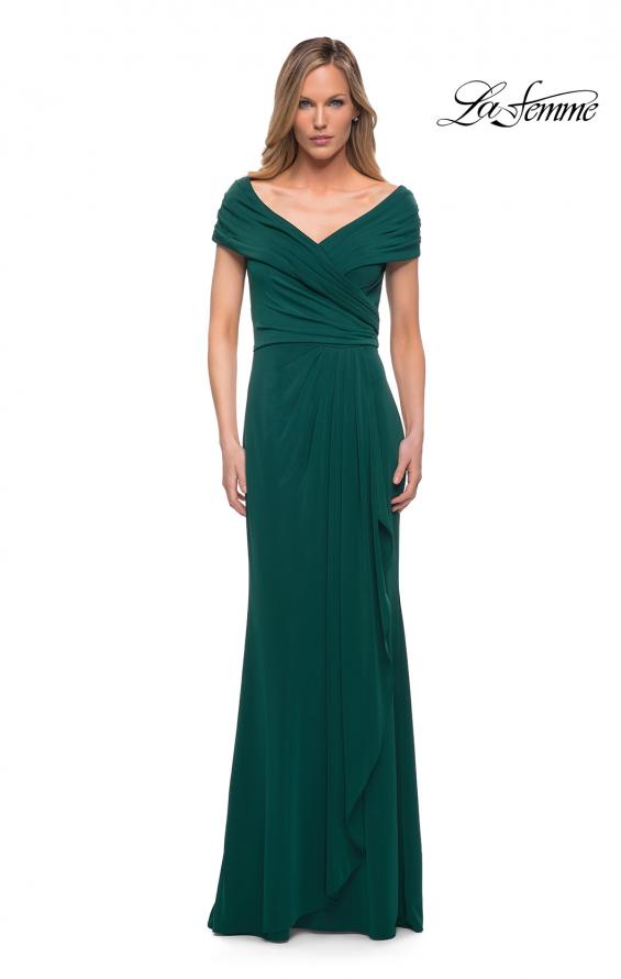 Picture of: Ruched Jersey Long Gown with V-Neckline in Emerald, Style: 26519, Detail Picture 7