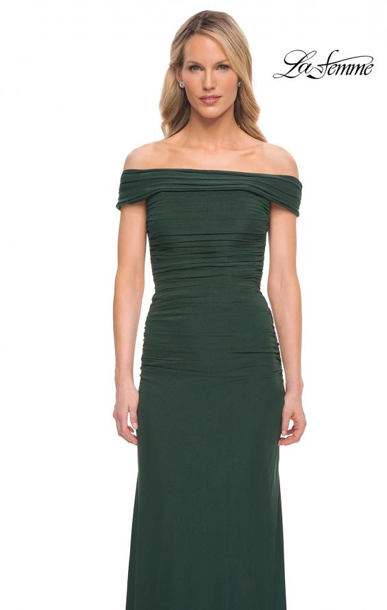 Picture of: Ruched Off the Shoulder Net Jersey Evening Dress in Emerald, Detail Picture 7