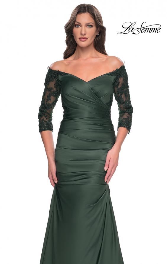 Picture of: Mermaid Satin Dress with Gathering and Off the Shoulder Top in Emerald, Style: 30853, Detail Picture 7