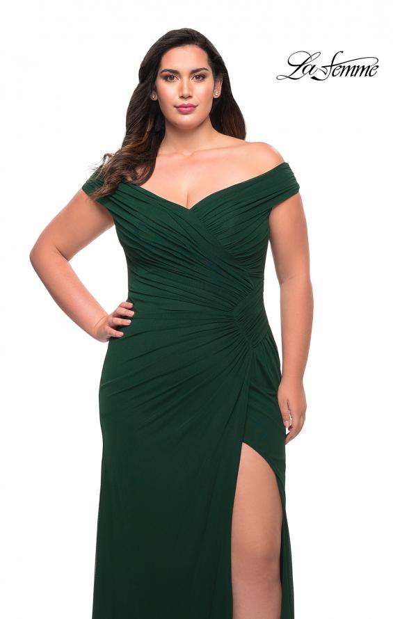 Picture of: Flattering Ruched Off the Shoulder Plus Size Dress in Emerald, Style: 29722, Main Picture