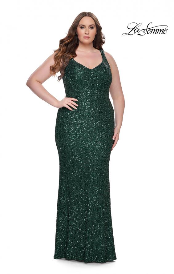 Picture of: Fitted Stretch Sequin Plus Size Dress with V Neck in Emerald, Style: 31163, Main Picture