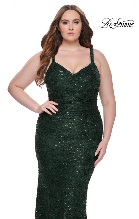 Picture of: Beaded Lace Plus Dress with Ruching and V Neckline in Emerald, Style: 31982, Main Picture