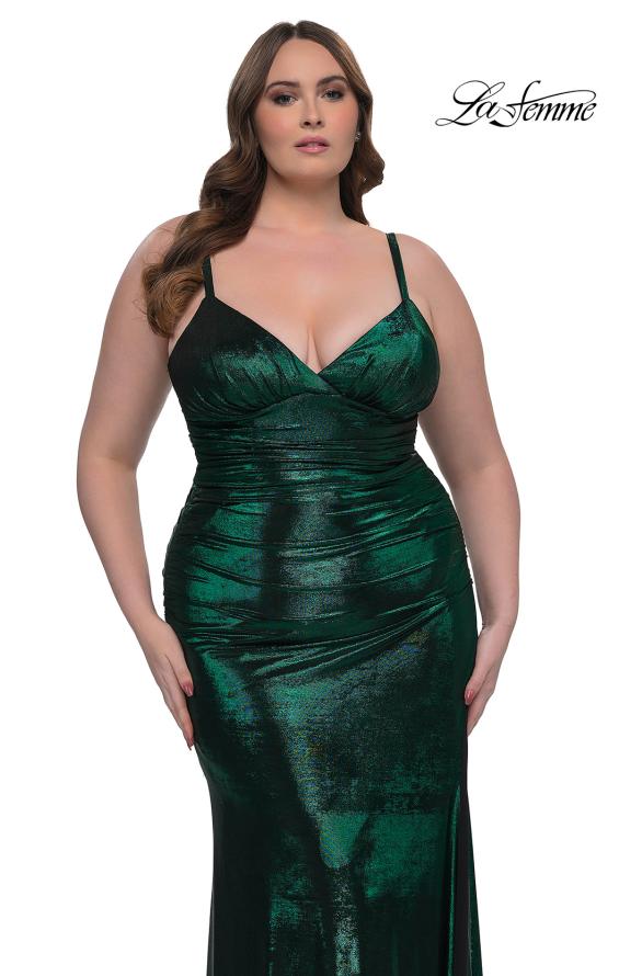 Picture of: Metallic Plus Size Prom Dress with Flattering Ruching in Emerald , Style: 33020, Detail Picture 16