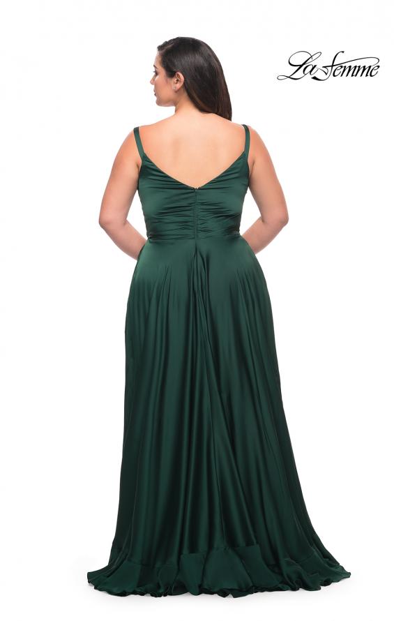 Picture of: Ruffle Slit Satin Long Plus Size Dress with V Neck in Emerald, Style: 29740, Back Picture