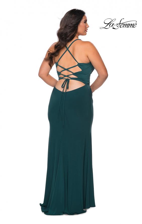 Picture of: Jersey Plus Size Dress with Slit and Lace Up Back in Emerald, Style: 29055, Detail Picture 1