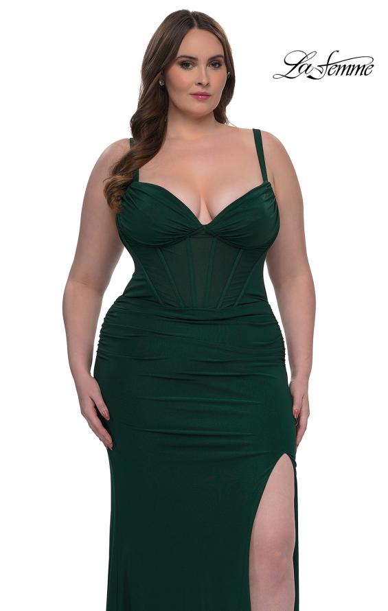 Picture of: Flattering Curve Dress with Corset Top and Ruched Skirt in Emerald , Style: 33015, Detail Picture 1