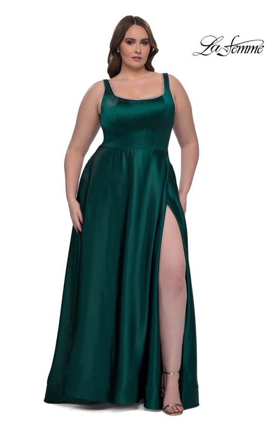 Picture of: A-line Satin Plus Prom Dress with Rhinestone Neckline in Emerald , Style: 33026, Detail Picture 1