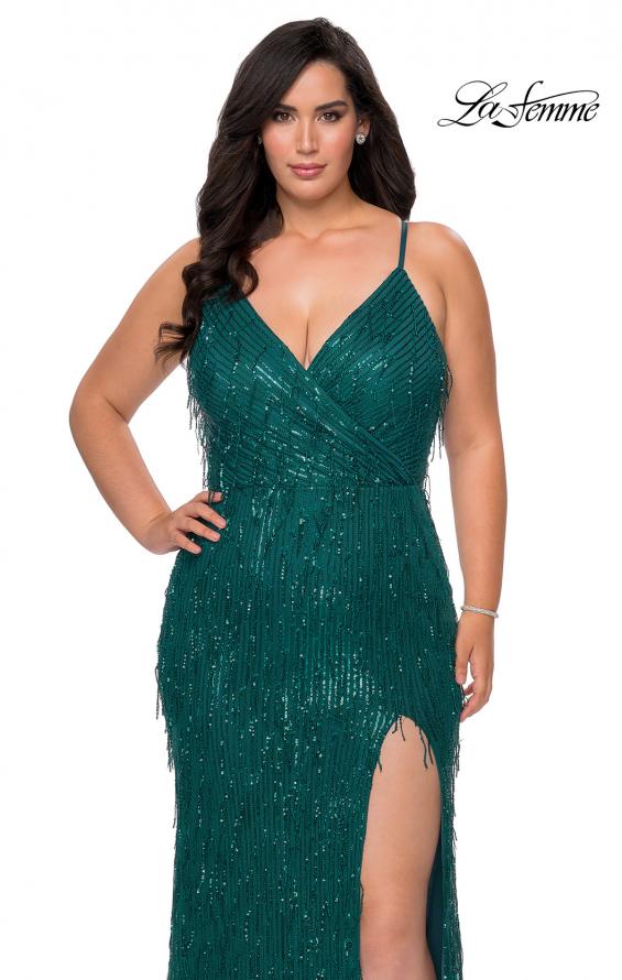 Picture of: Fringe Sequin Plus Size Prom Gown with Criss Cross Back in Emerald, Style: 29013, Detail Picture 3