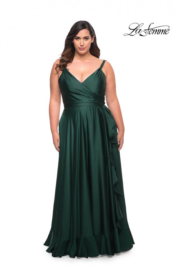 Picture of: Ruffle Slit Satin Long Plus Size Dress with V Neck in Emerald, Style: 29740, Detail Picture 3
