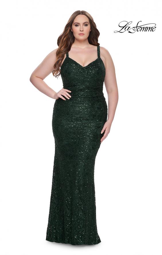 Picture of: Beaded Lace Plus Dress with Ruching and V Neckline in Emerald, Style: 31982, Detail Picture 3